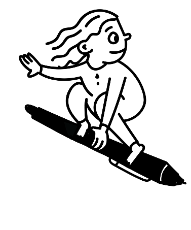 Doodle of a girl surfing using a pen as surfboard